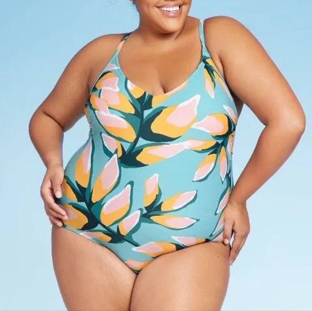 KONA SOL Floral V-Neck One-Piece Curvy Plus Full Figure Bathing Swimsuit NWT